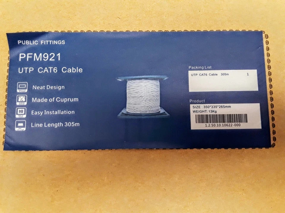 Public Fittings PFM921 CAT6 UTP Network Cable 23AWG Bare Copper 1000ft Bulk Spoo