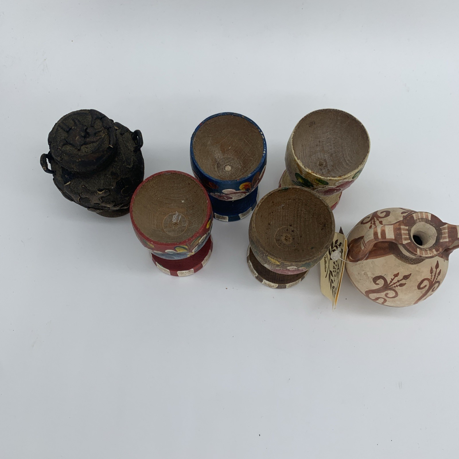 Miscellaneous Lot Collection 4 Wooden Egg Cups, Ceramic Vase, Mini Wood Vessel