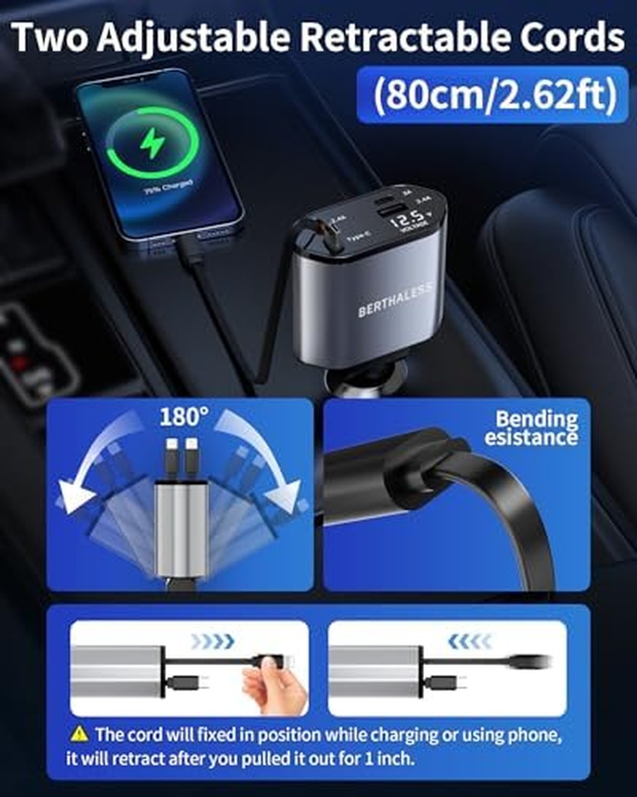 BERTHALESS Retractable 4-in-1 Fast Car Charger USB-C USB-A for iPhone Galaxy