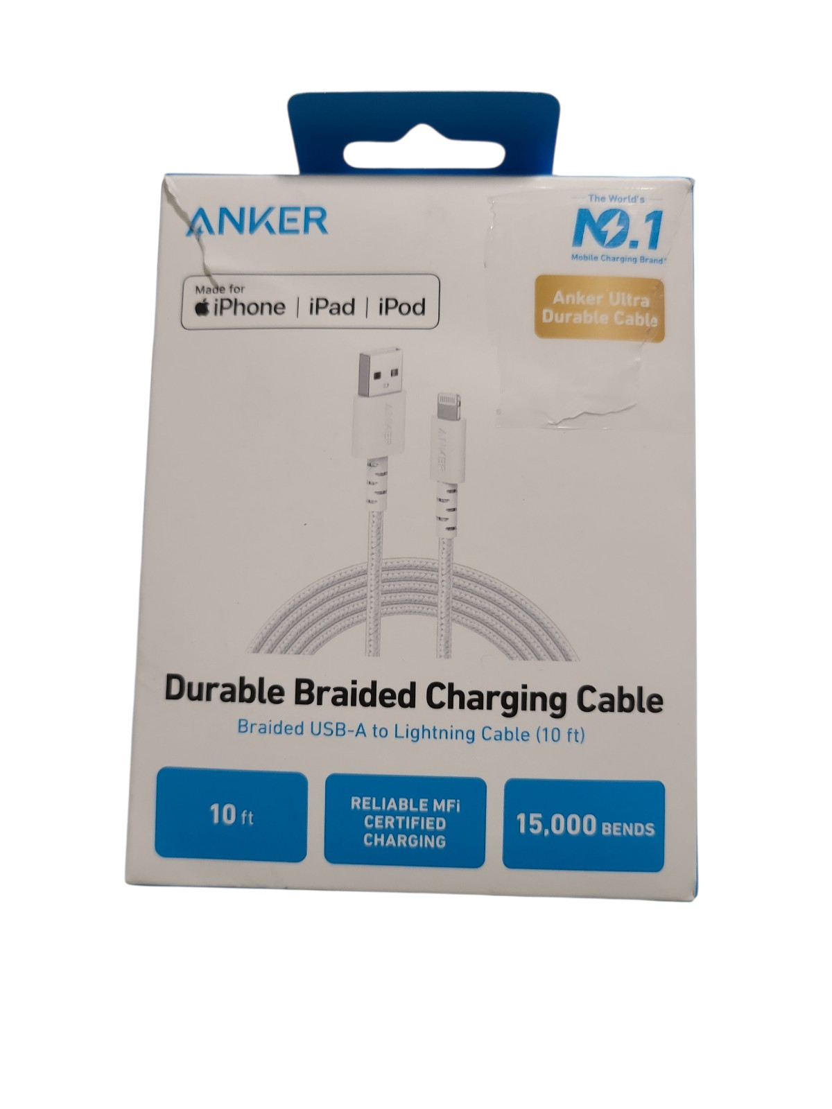 Anker 10′ Braided Lighting to USB-A Charging Cable – White