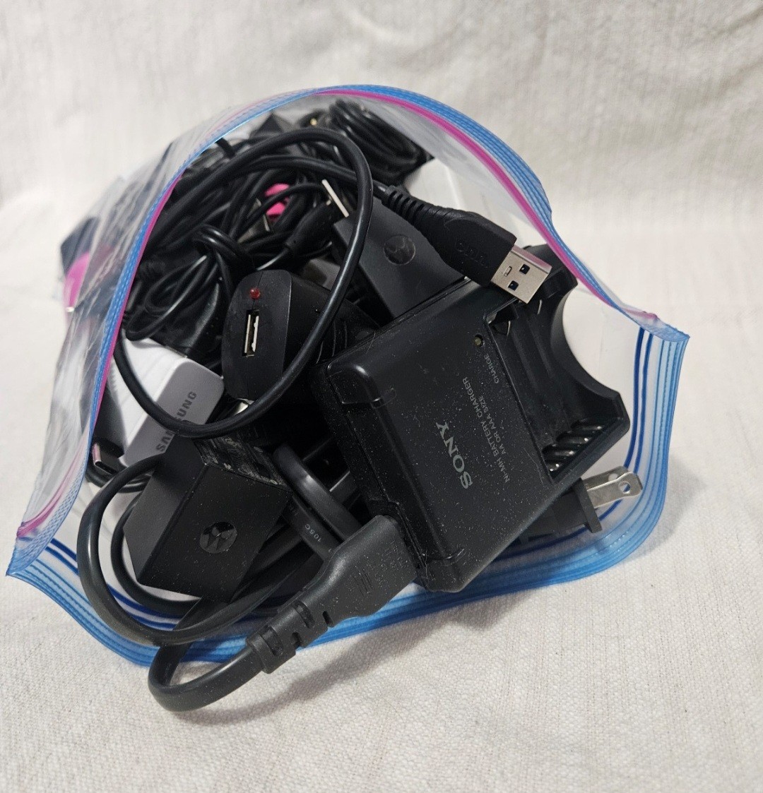 Lot of Charging Cords, Wall Plug Boxes, Corded Earbuds, Power Adapters, etc.
