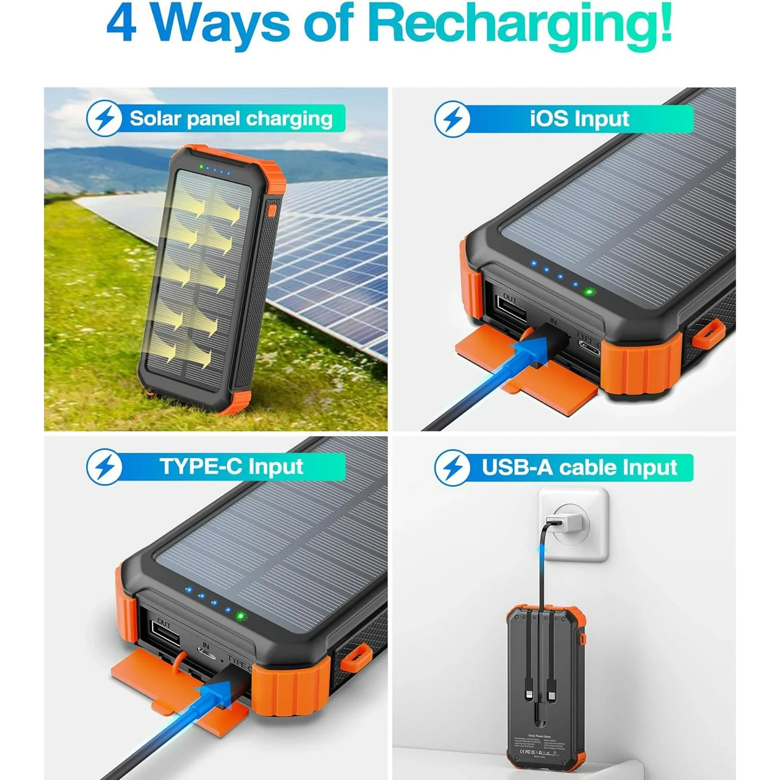 45800Mah Solar Charger Power Bank 15.5W Fast Charging USB Battery Pack with 3