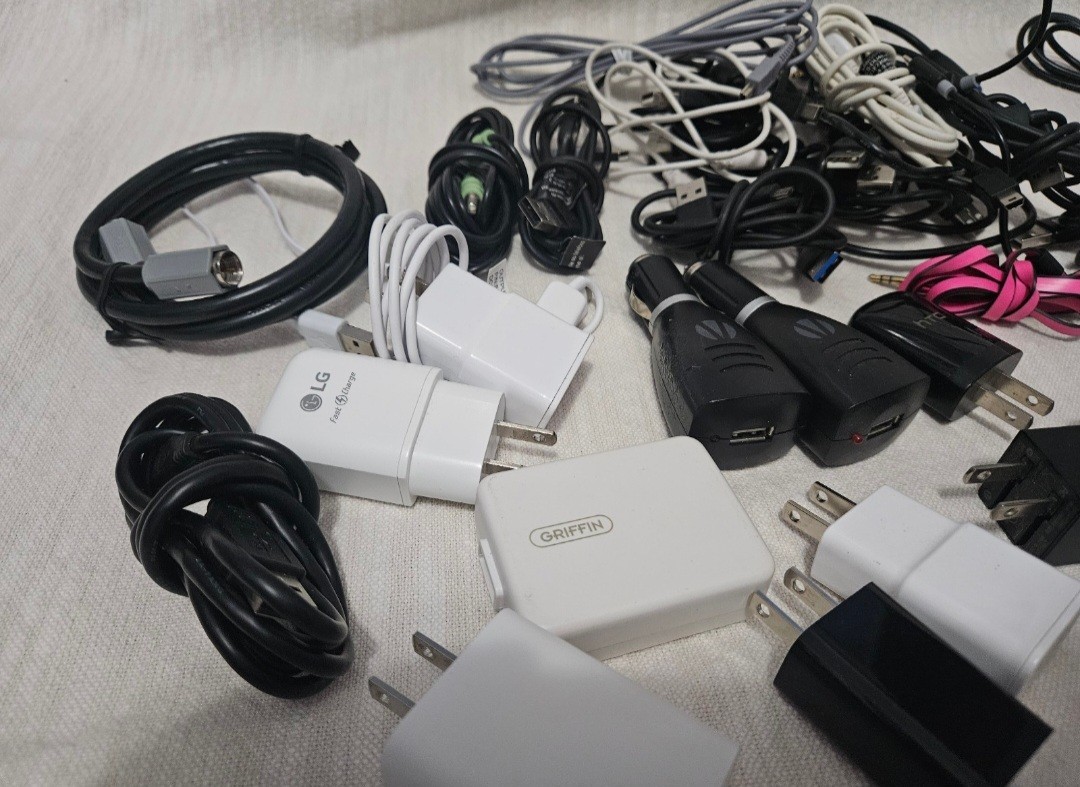 Lot of Charging Cords, Wall Plug Boxes, Corded Earbuds, Power Adapters, etc.