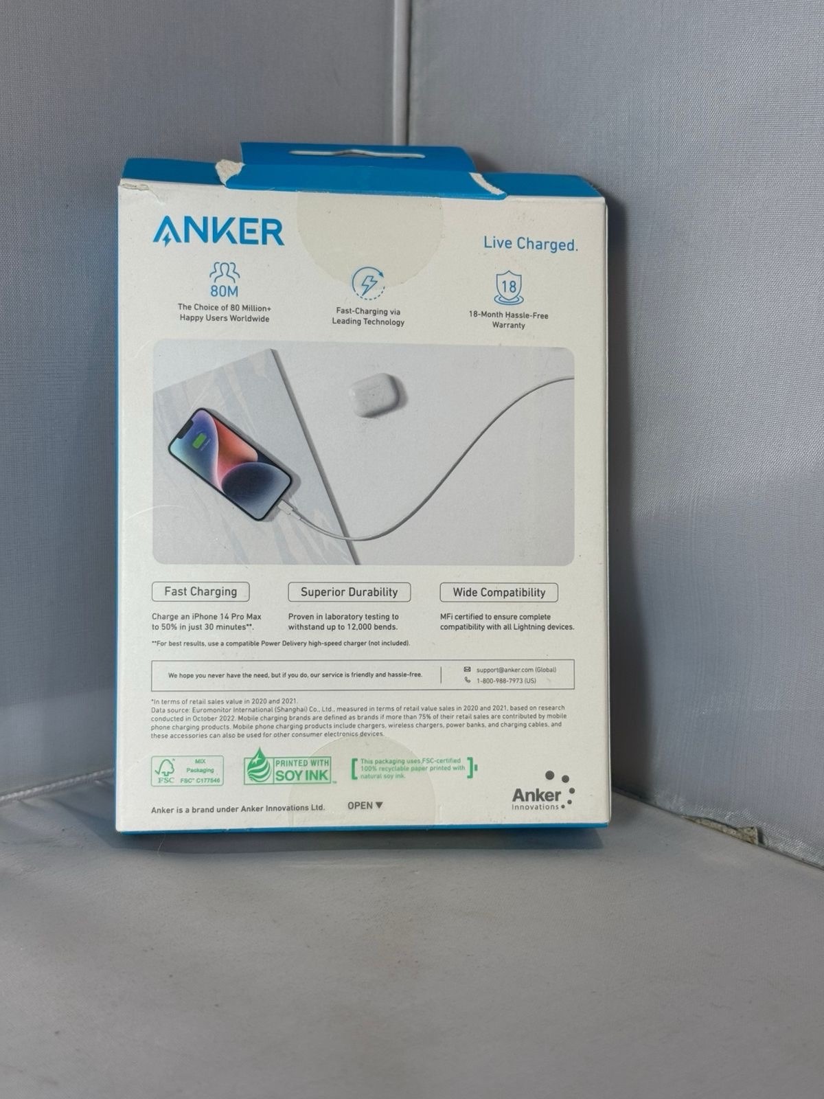 Anker 3′ Braided Lightning to USB-C Fast Charging Cable – White