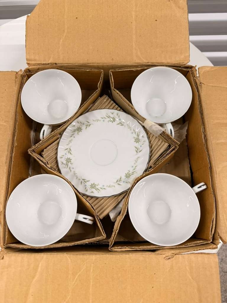 Vintage Fine China Teacup & Saucer Set of 4 – White Green Floral Silver Rim
