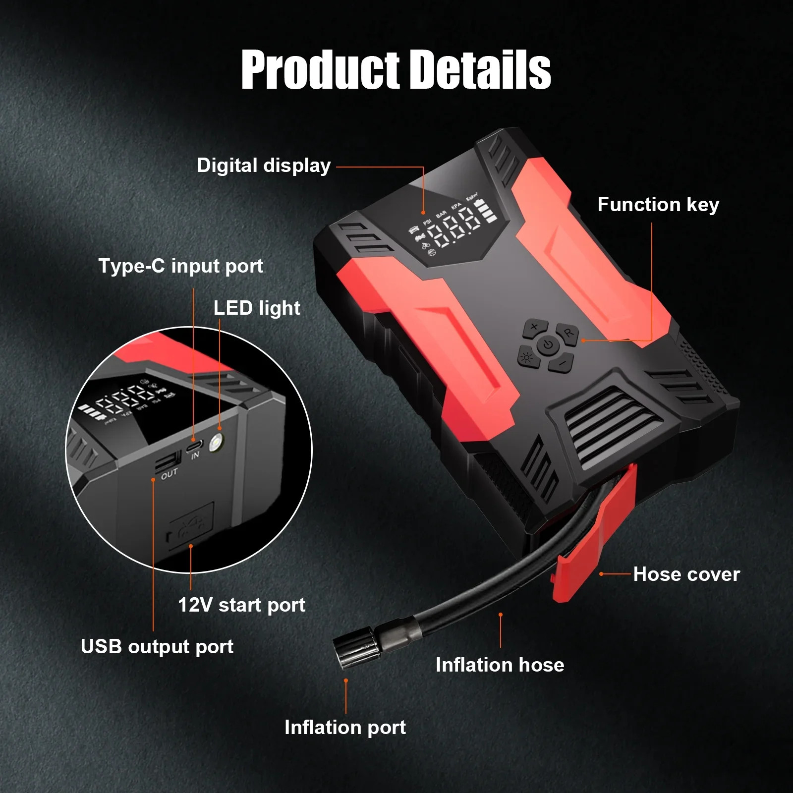 Car Jump Starter, 4000A Peak 30000Mah 150PSI Tire Inflator Digital Display LED