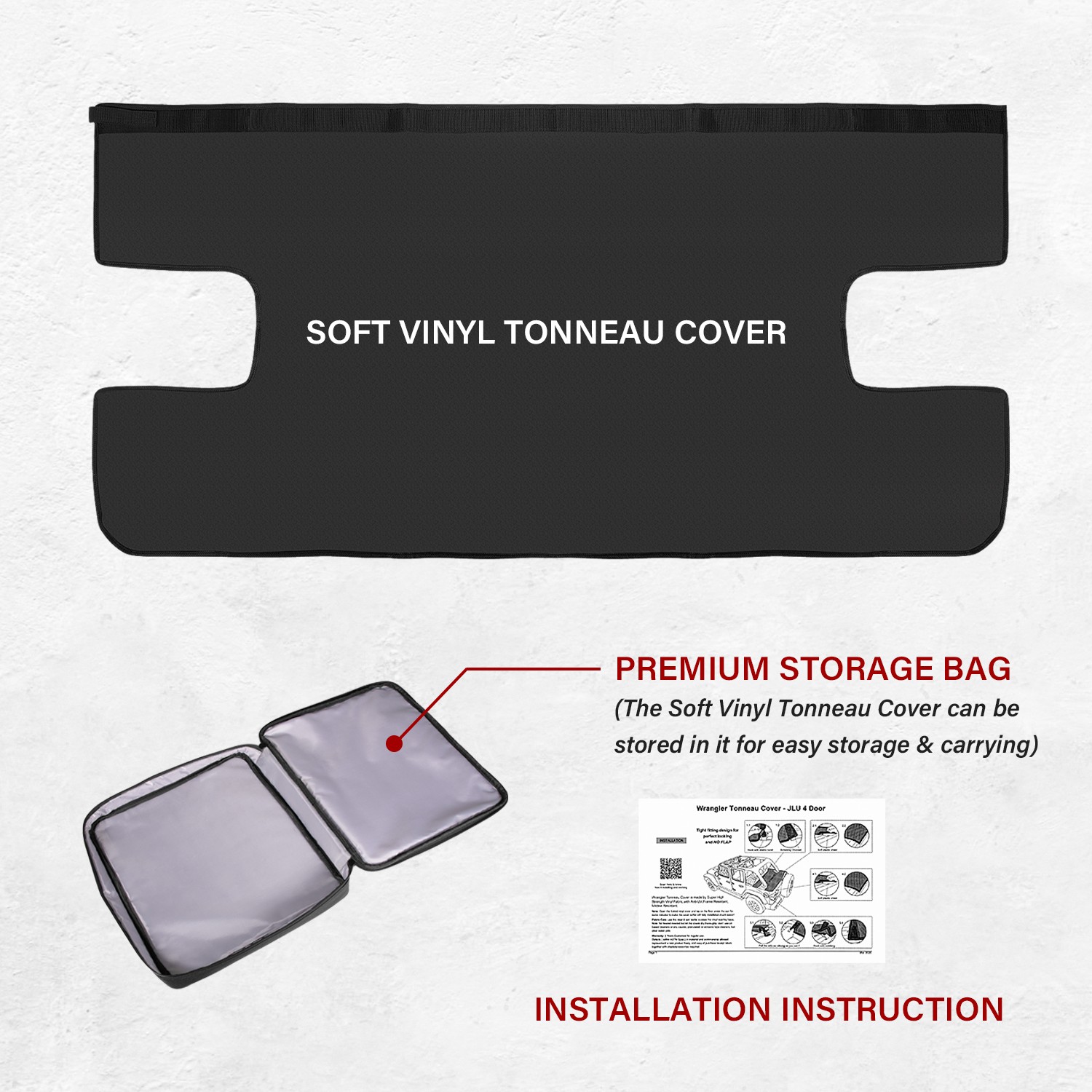 Soft Vinyl Tonneau Cover 4-Door Rear Trunk Sunshade Fits Jeep Wrangler JLU 2018+