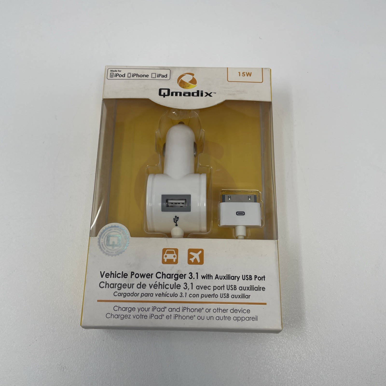 Qmadix iPod Charger Vehicle Power with USB Port – White