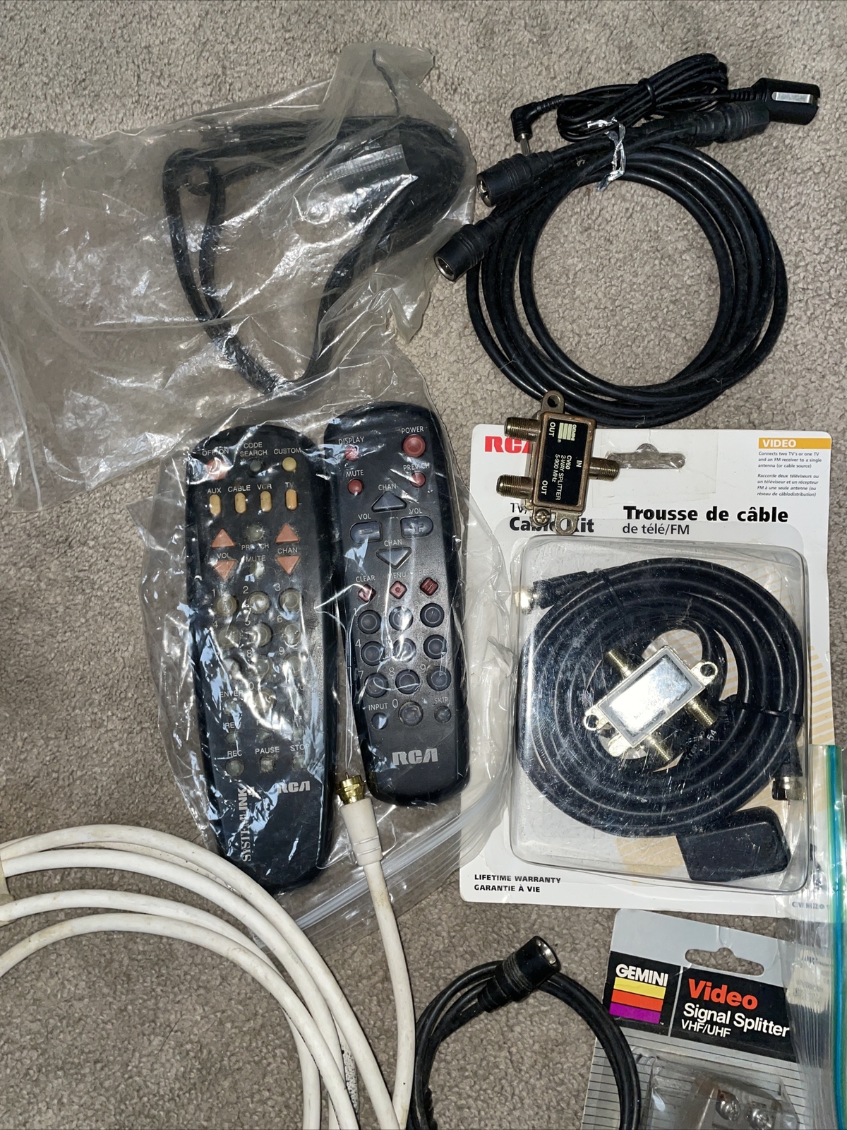 Vintage Lot of Electronic Parts and Pieces Cables Remotes Splitters
