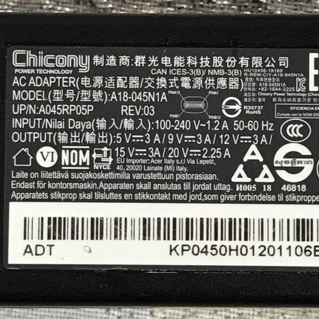 Genuine Chicony|Model:A18-045N1A| Type C Charger Adapter