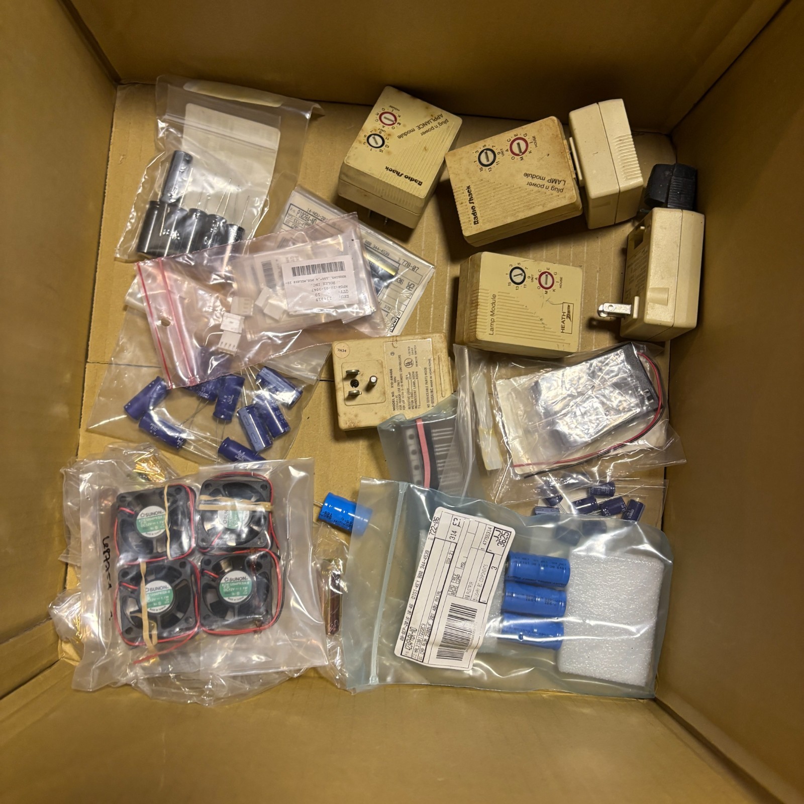 Junk Drawer Mixed Lot Vtg Electronics Caps, Fans, Adapters For Parts Or Rebuild