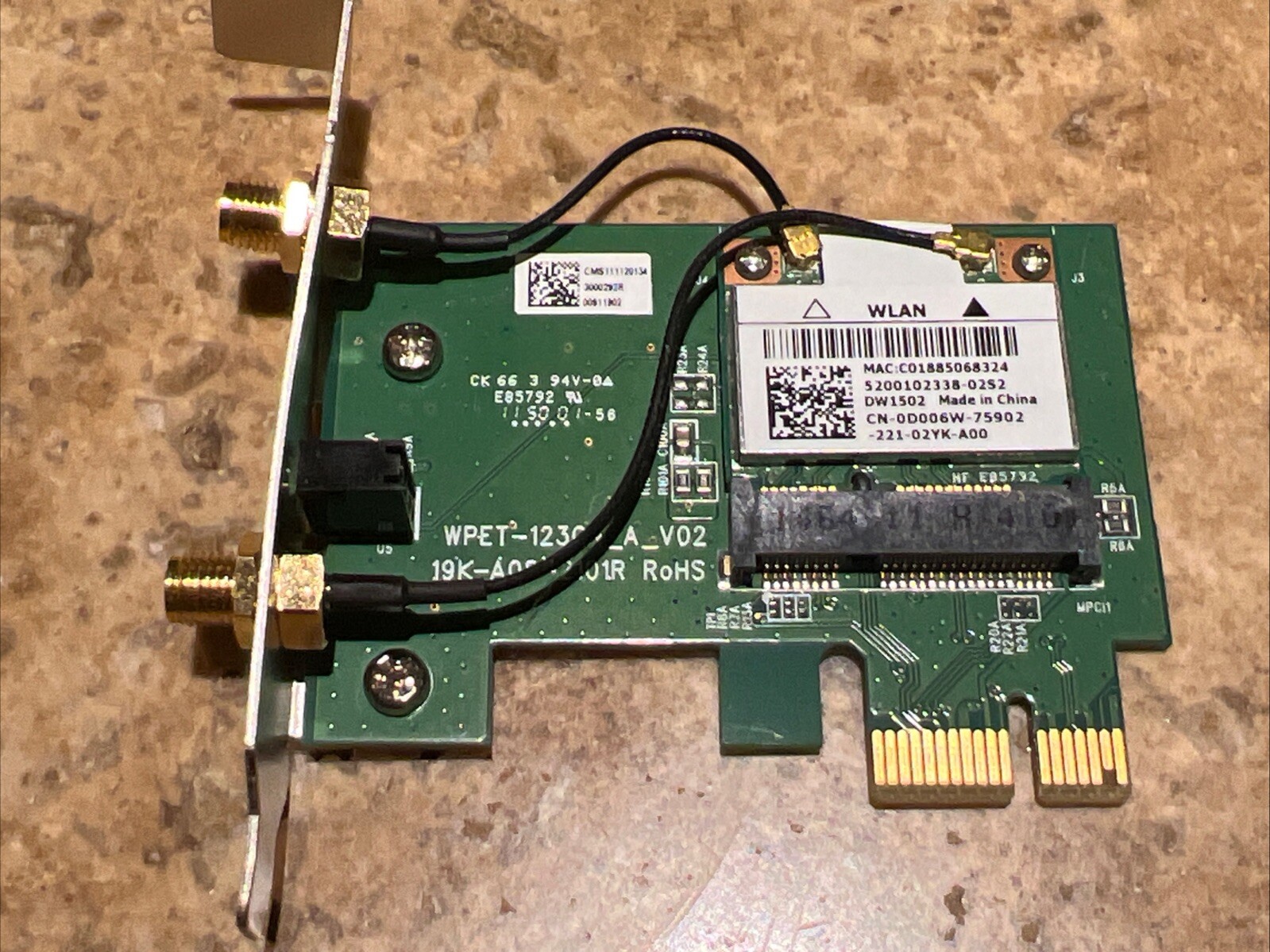 Dell WPET 123GN A V02 PCIe 19K A08 2101R WLAN Mini Card P/N: 056CGK Low Profile