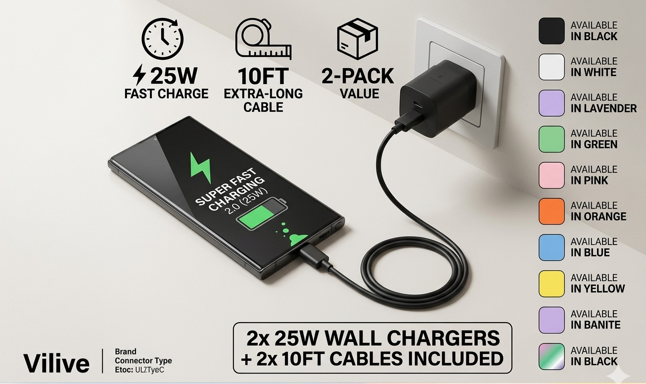 10ft USB C Fast Charger Kit for Samsung Galaxy S25 S24 S23 Ultra S22, 20W