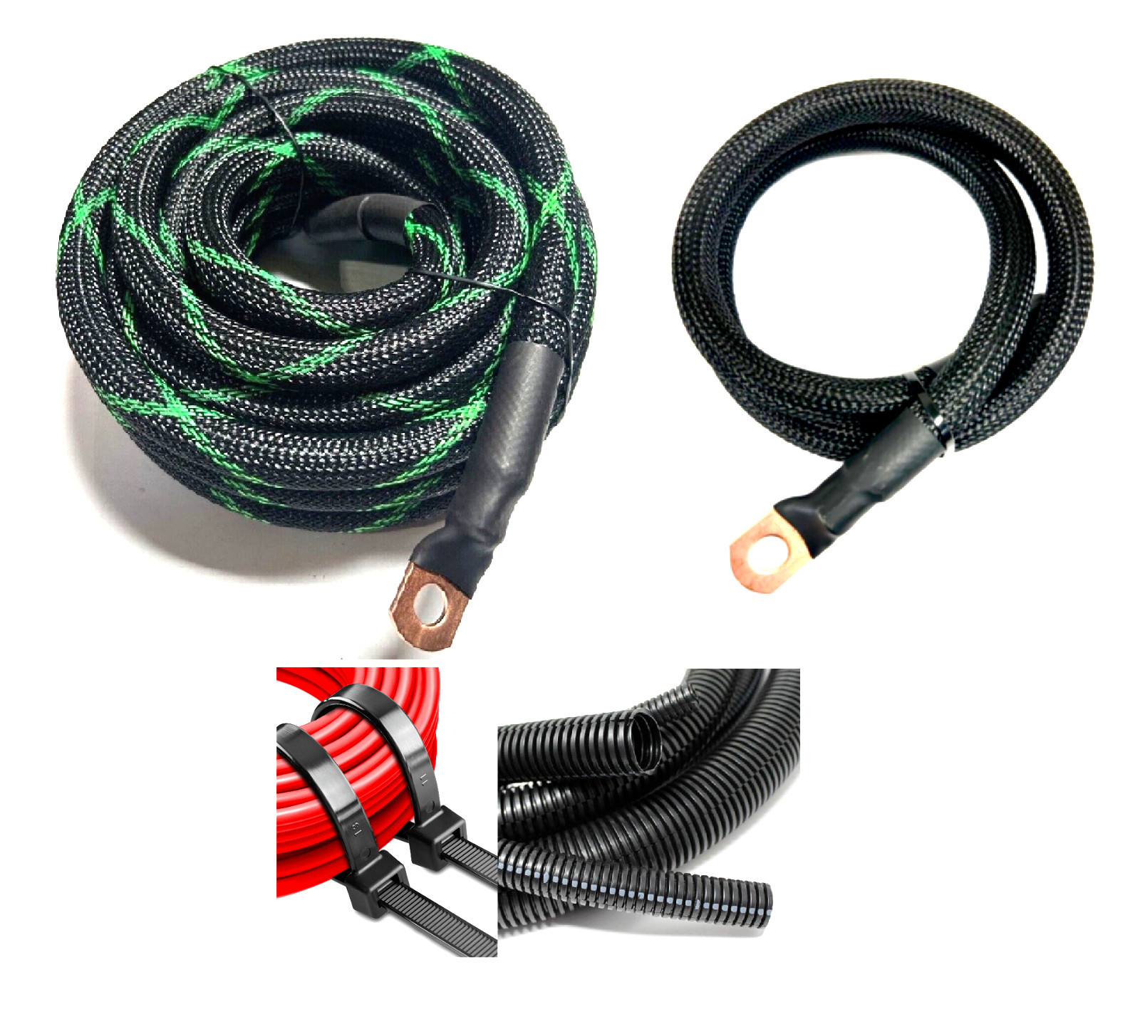 4ga OFC COPPER Braided Sleeving Battery Cable Relocation Kit 12’+ 3′- Wiring LOT