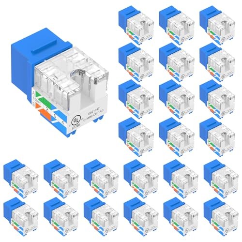 VCE 25-Pack Cat6 Keystone Jack RJ45 Ethernet Network Adapter 90 Degree Blue Slim
