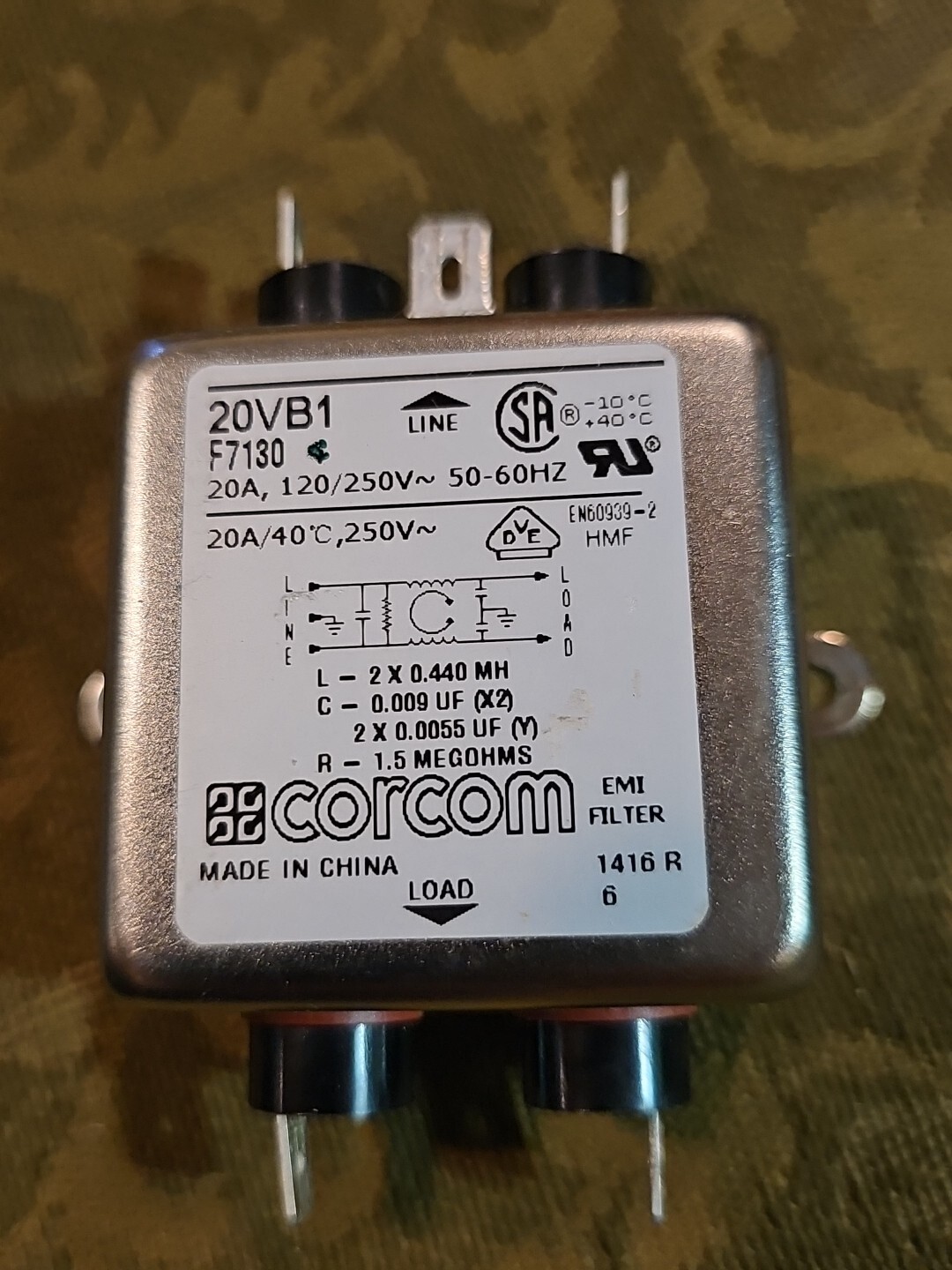 CORCOM 20VB1 EMI FILTERS F7130 20A 120/250V 50-60HZ 1416 R