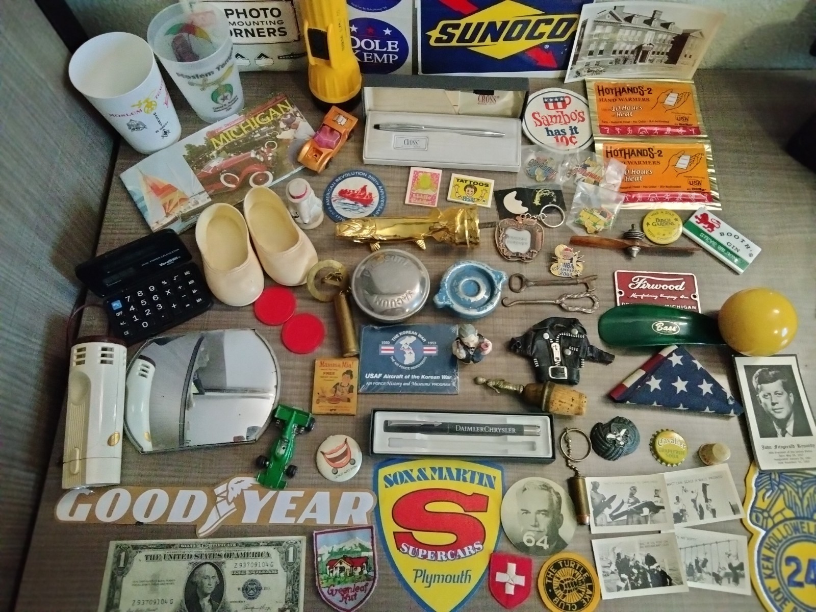 Vintage Junk Drawer Lot of Gadgets – Silver Certificate – Decals – Cross Pen ++