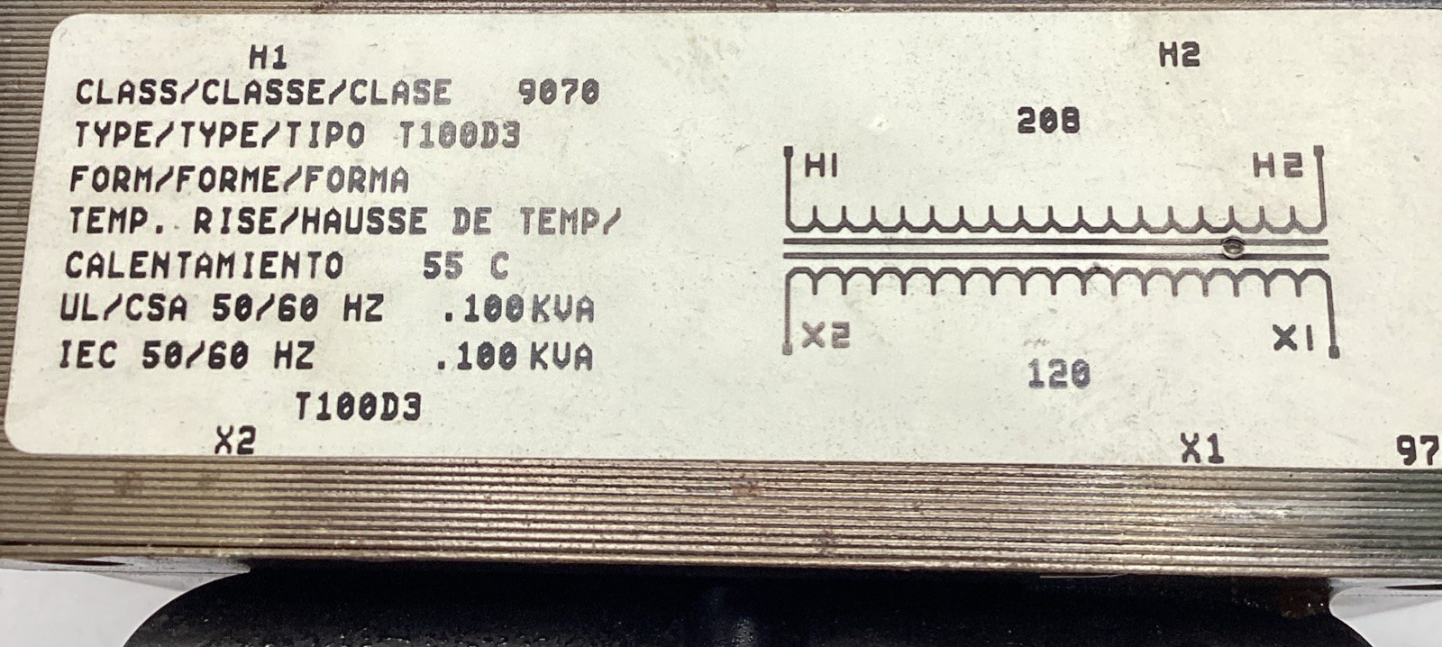 SCHNEIDER ELECTRIC SQUARE D 9070T100D3 Industrial Control Transformer