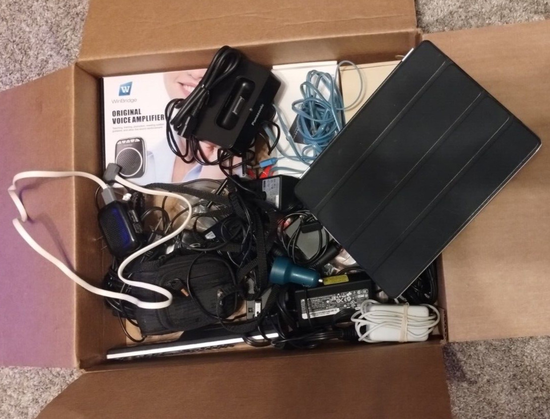 Lot Random Tech Box – Electronics Cables Chargers Cases Power IPad Amplifier etc
