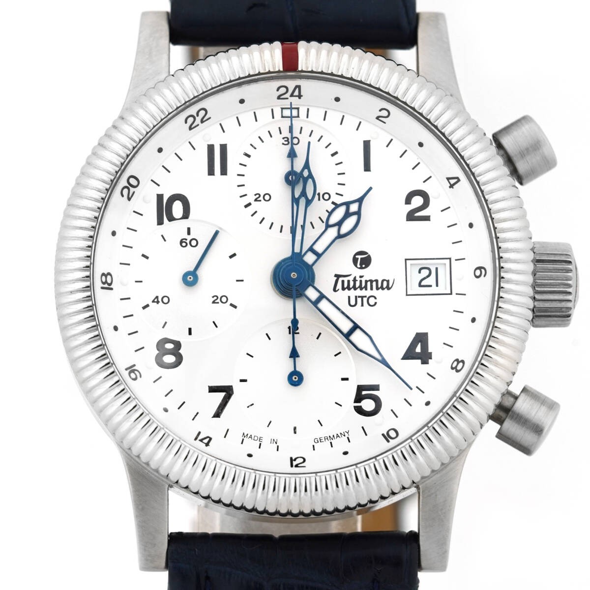 Tutima Flieger Chronograph 780-73 Automatic Mens Watch White Dial Leather Belt