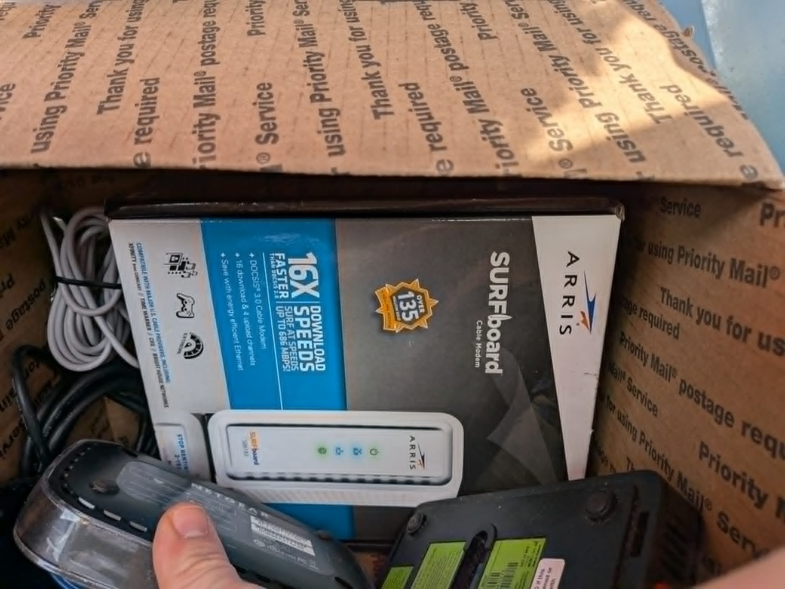 Box of electronics, random-parts only/unchecked lot of electronics. Modems/cable