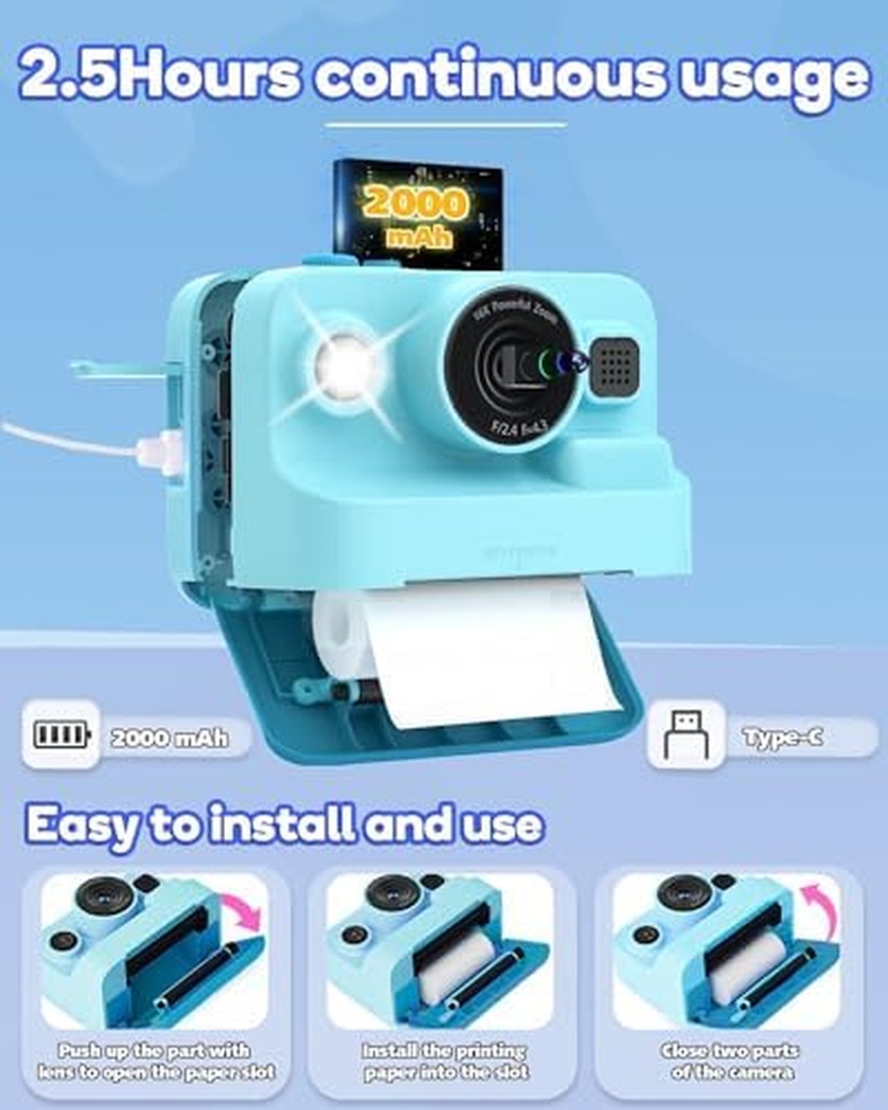 Dylanto Kids Instant Camera 1080P Instant Print Portable Photo Blue Ages 3-12