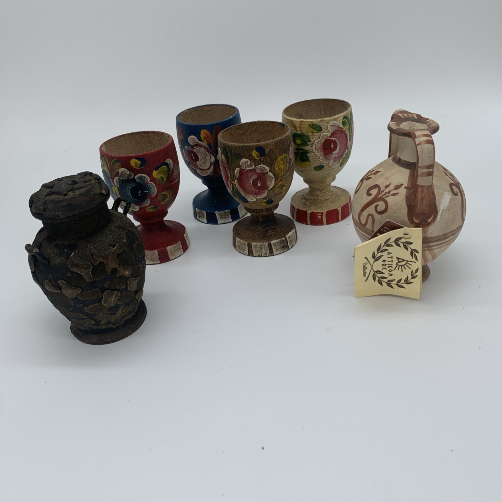 Miscellaneous Lot Collection 4 Wooden Egg Cups, Ceramic Vase, Mini Wood Vessel