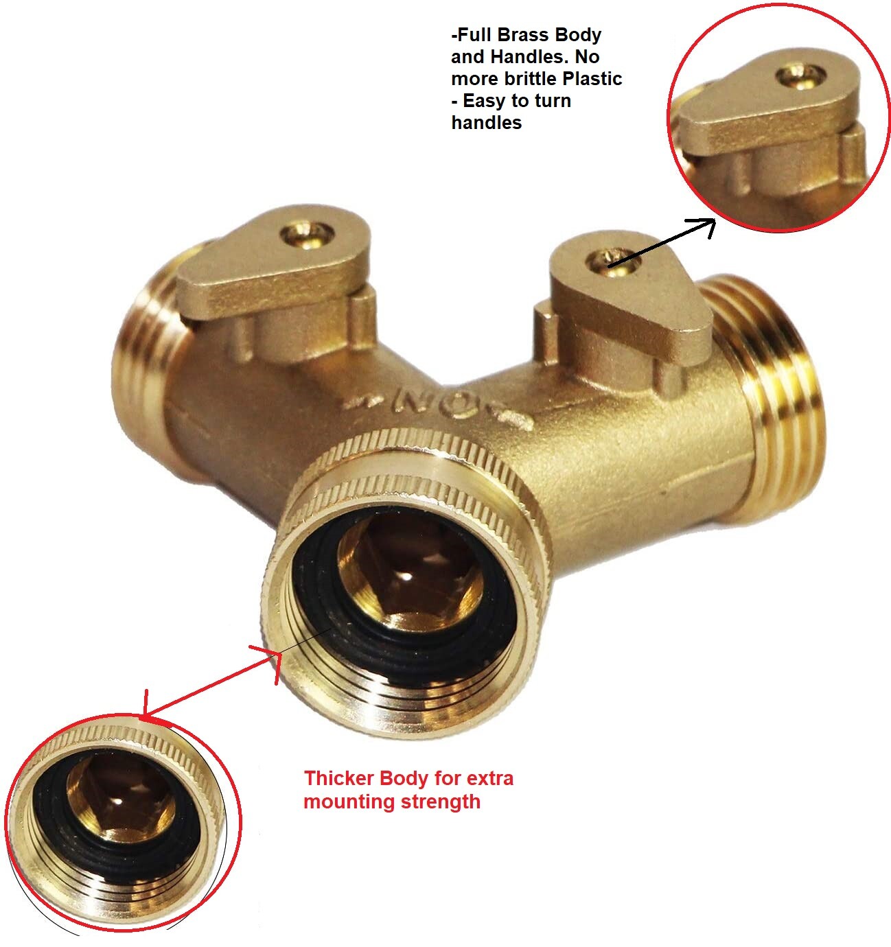 Heavy Duty Garden Water Hose All Brass Manifold 2 Way Swivel Y Splitter Shutoff