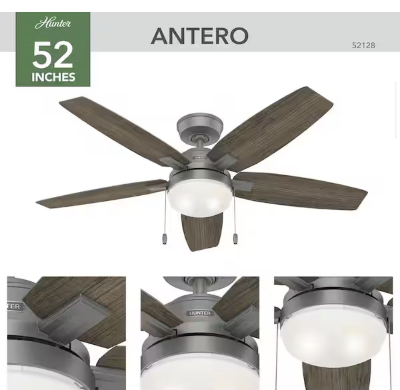Hunter Antero 52 INCH . Indoor Matte Silver Ceiling Fan with Light Kit NEW
