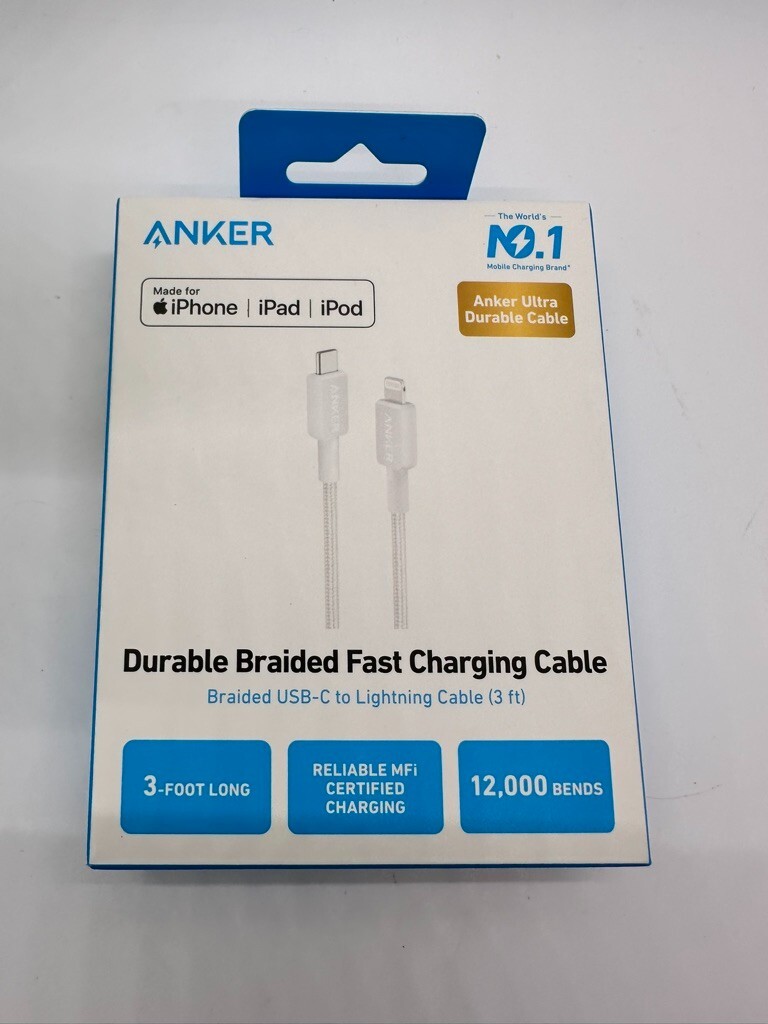 Anker 3′ Braided Lightning to USB-C Fast Charging Cable – White