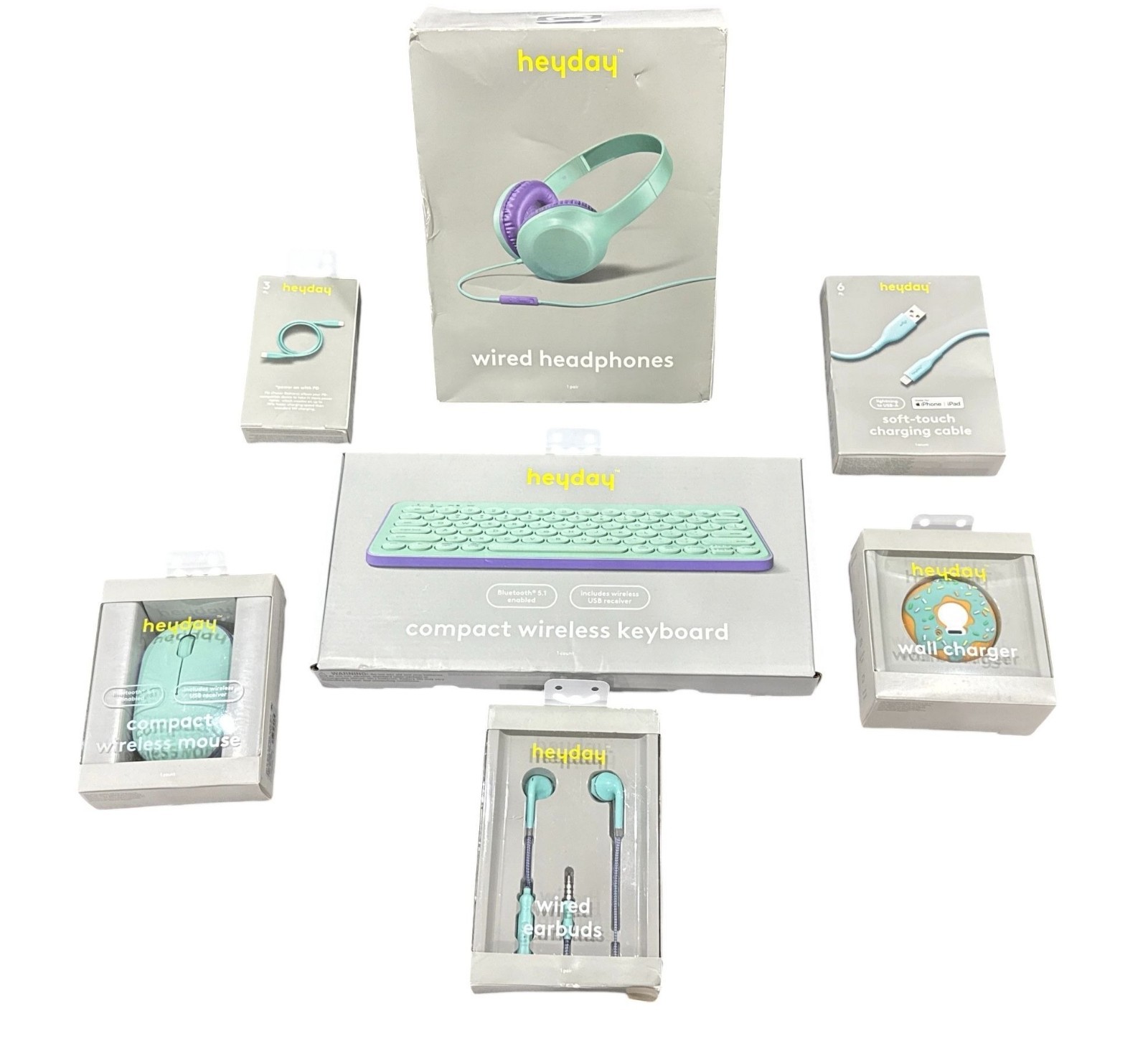 Heyday Wired Headphones, Wireless Keyboard, Mouse, Charging Cables, Earbuds & Wa