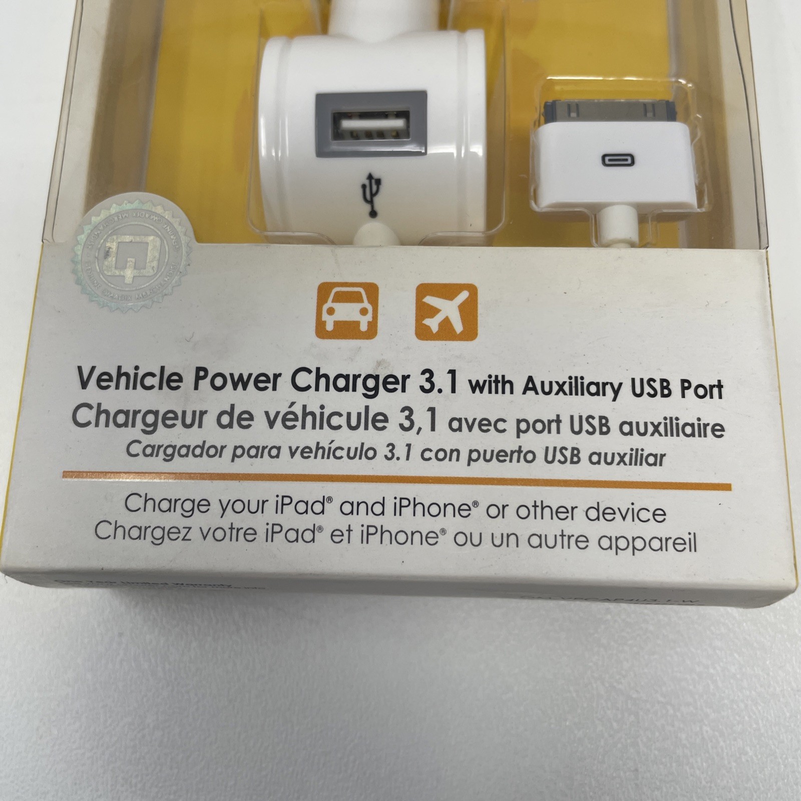 Qmadix iPod Charger Vehicle Power with USB Port – White