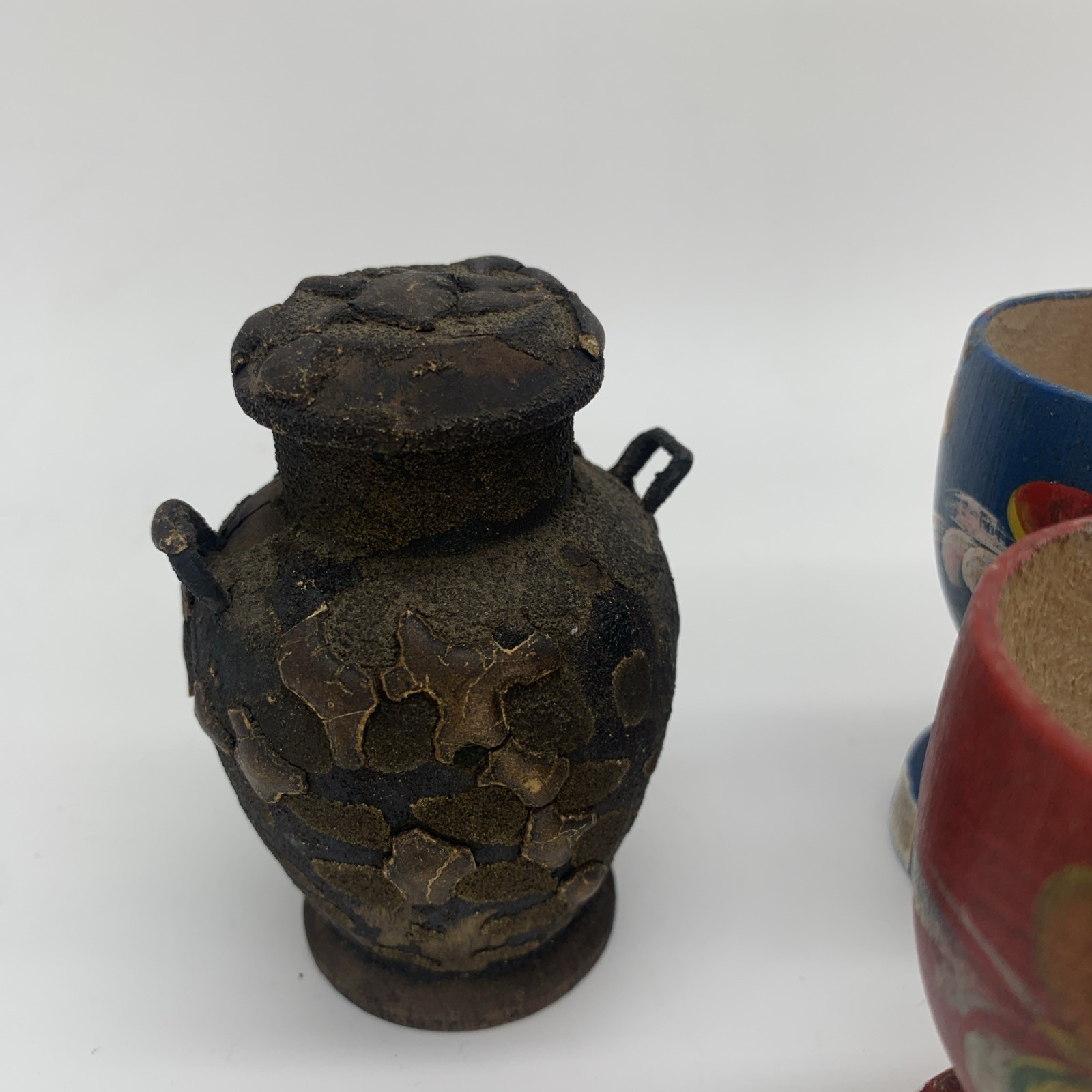 Miscellaneous Lot Collection 4 Wooden Egg Cups, Ceramic Vase, Mini Wood Vessel