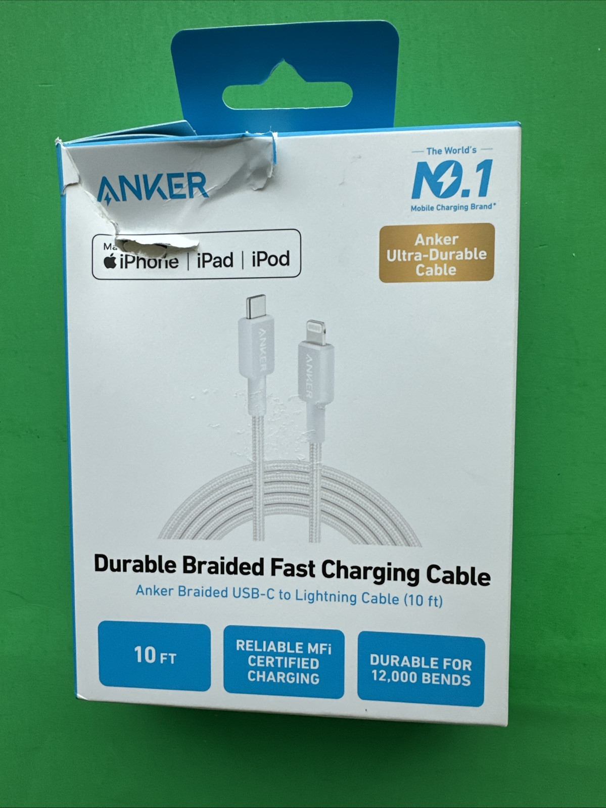 Anker 10′ Braided Lightning to USB-C Fast Charging Cable MFi certified – white