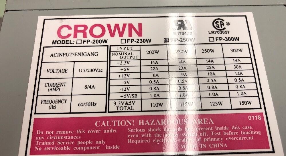 Crown 250W ATX Power Supply FP-250W