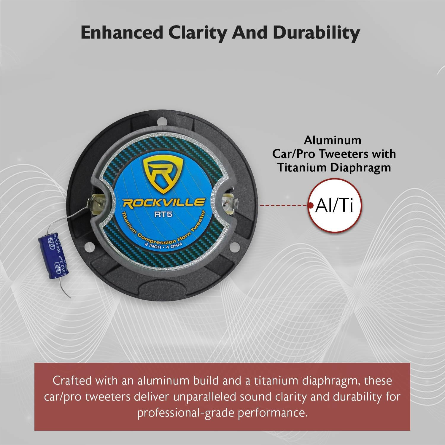 RT5 Aluminum Tweeter Pair, 2.8″, 120W, 4 Ohms, Titanium Diaphragm, Kapton Voice