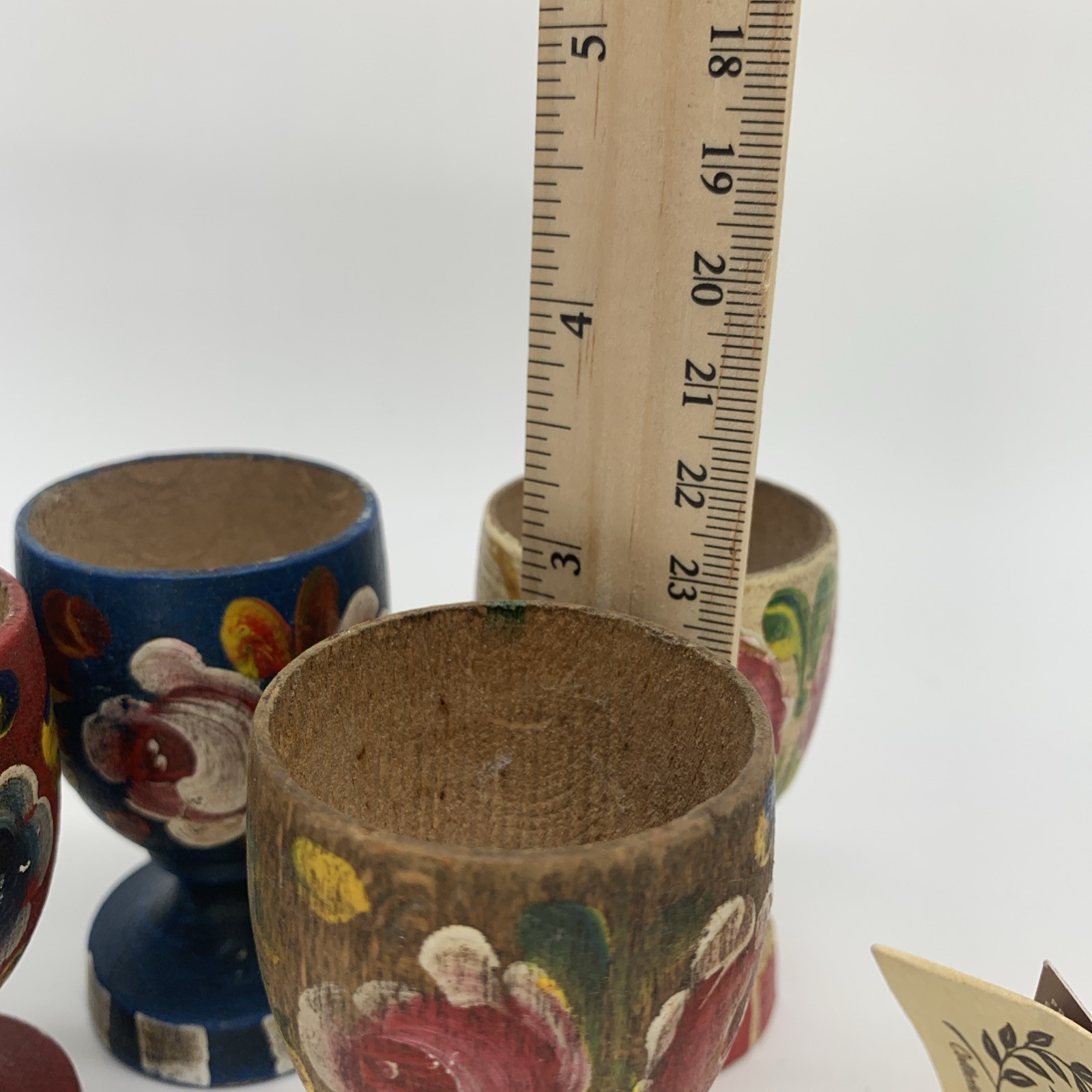 Miscellaneous Lot Collection 4 Wooden Egg Cups, Ceramic Vase, Mini Wood Vessel