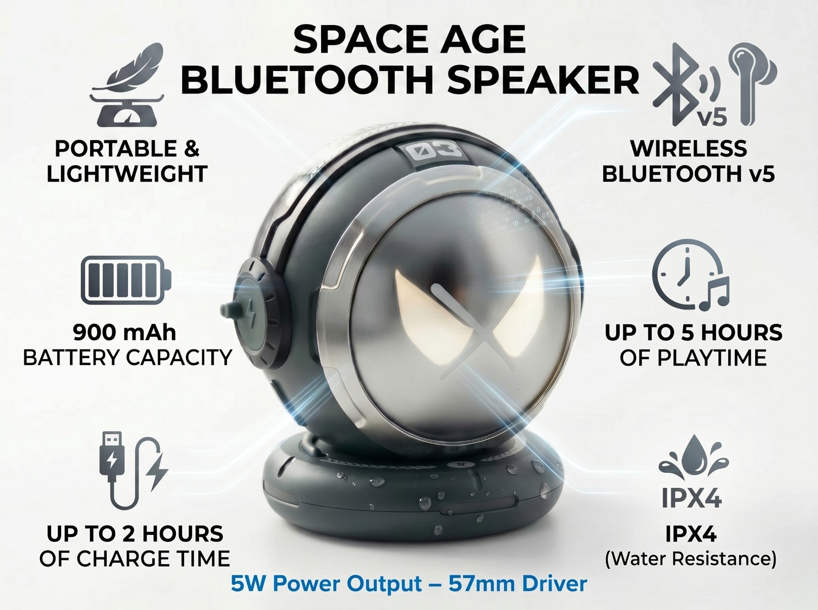 Lot of 10 Space Age Bluetooth Speakers Portable Wireless Mini 5W IPX4 900mAh