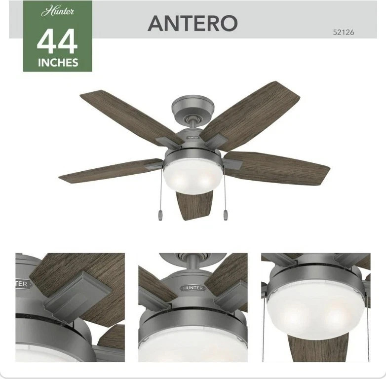 HUNTER ANTERO 44 in. INDOOR MATTE SILVER CEILEIN FAN WITH LED LIGHT KIT NEW NIB