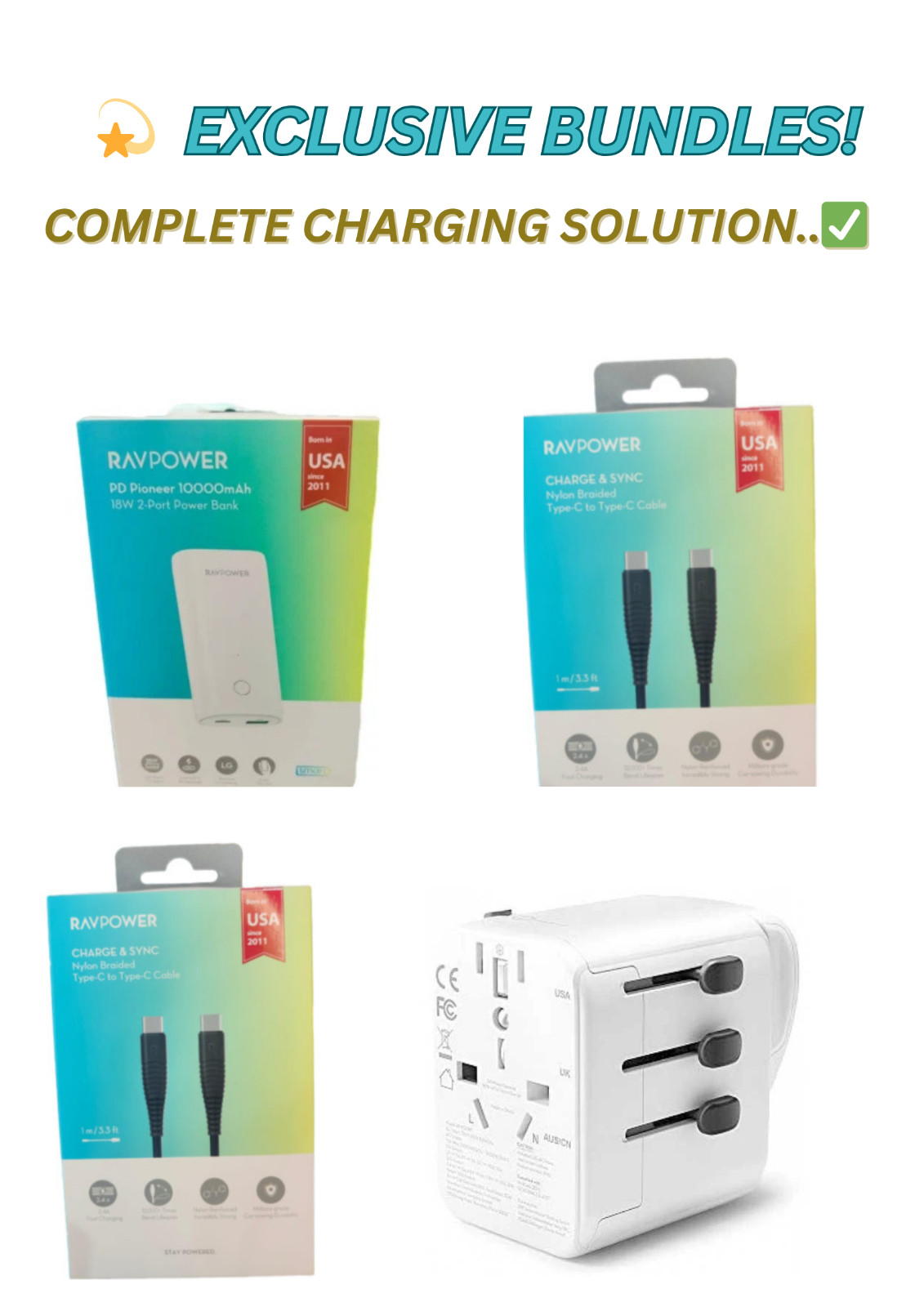 🎁 TRAVEL ESSENTIALS KIT -Travel Charger White+ (2pcs)C to C Cable +Power Bank✨