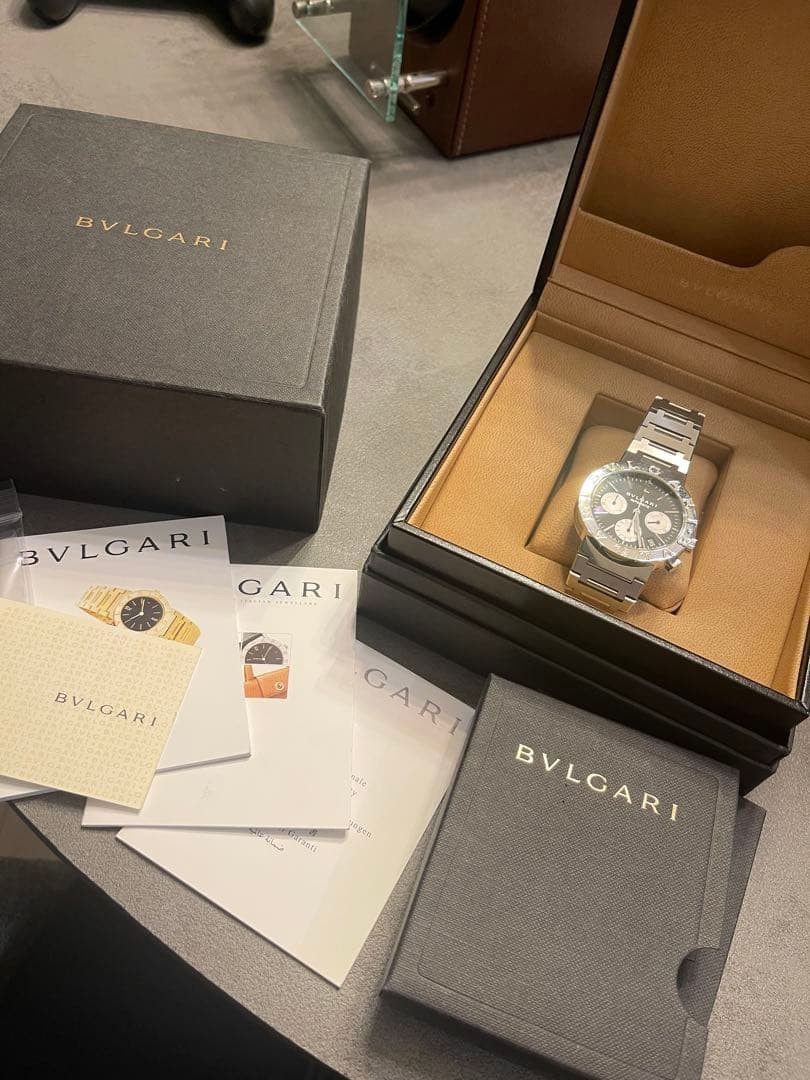 Bulgari Watch Chronograph AT BB38SSCH 38mm Stainless Steel Black Overhauled Mens