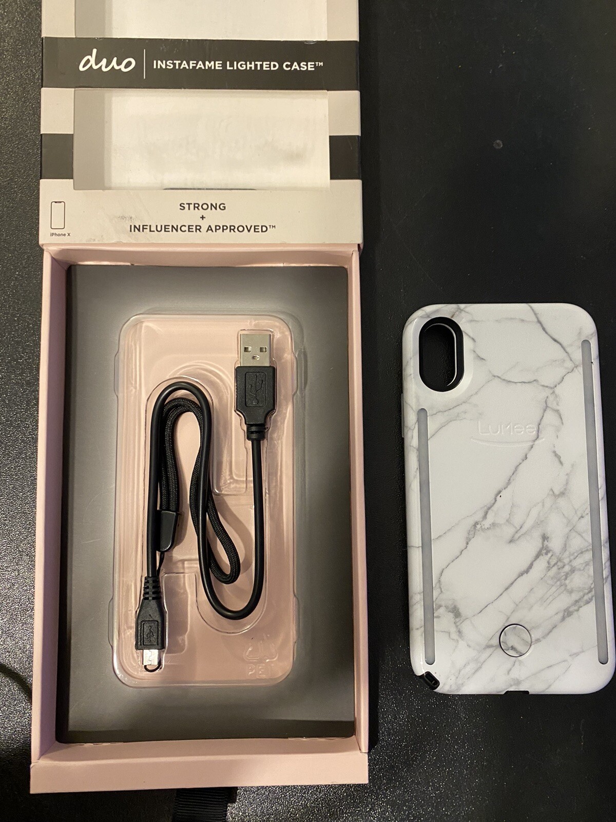 LuMee Duo iPhone X Case, White Marble | Front & Back LED Lighting, Dimmer