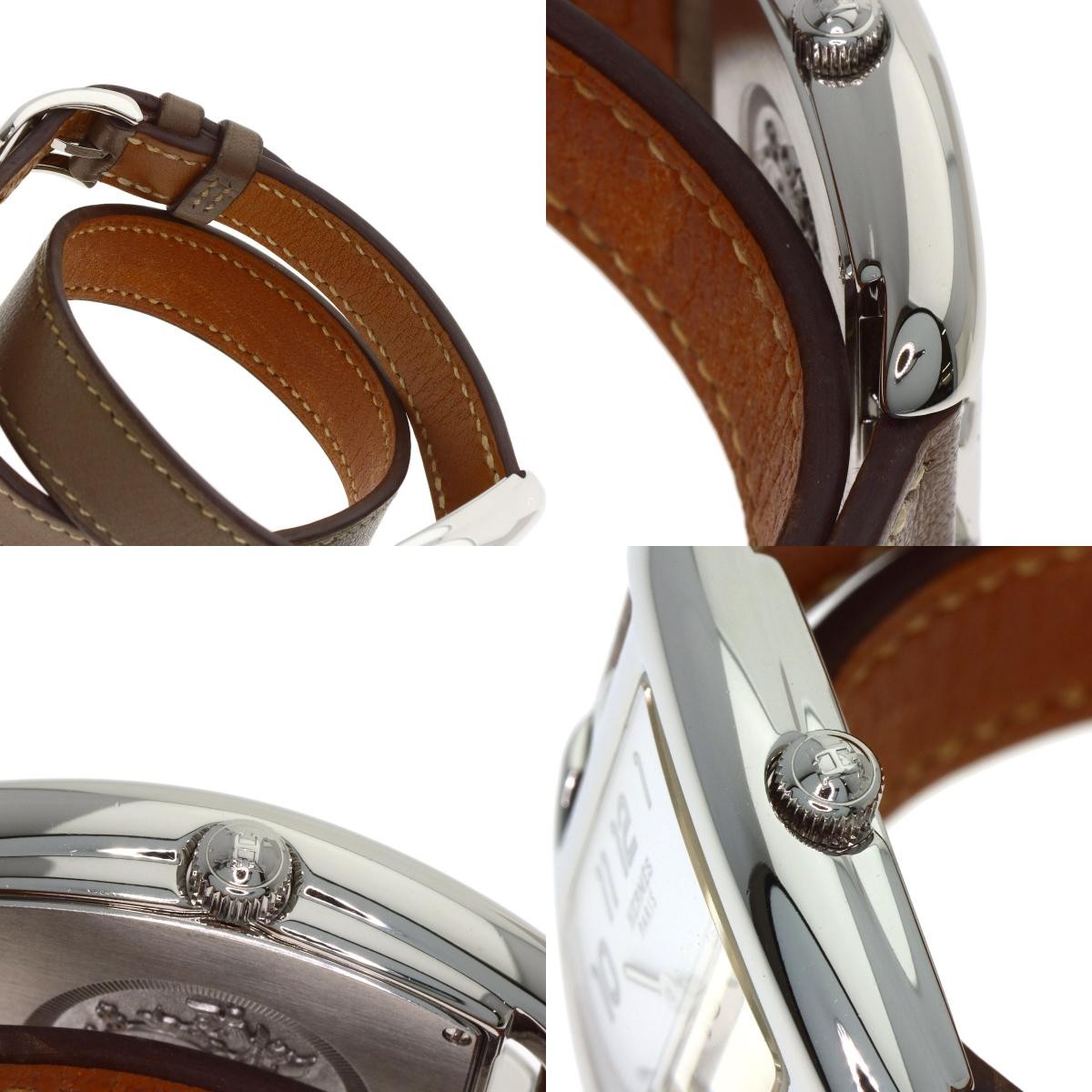 HERMES Cape Cod Watch Double Tour SS Leather Etoupe Quartz Square Woman w/Papers