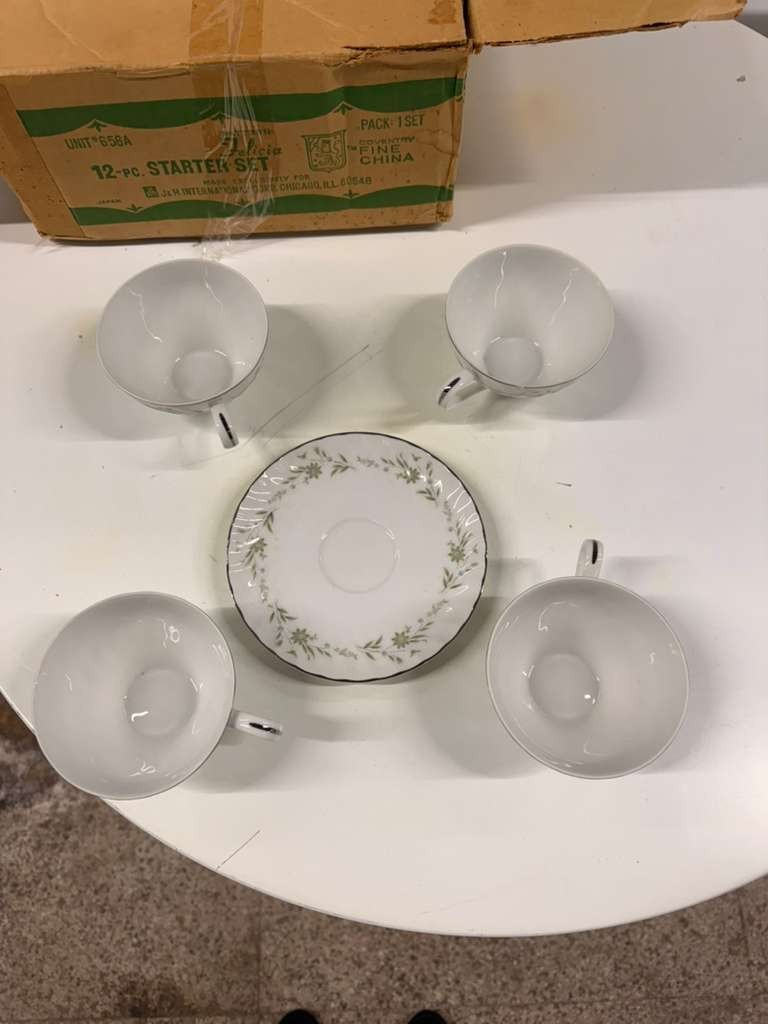 Vintage Fine China Teacup & Saucer Set of 4 – White Green Floral Silver Rim