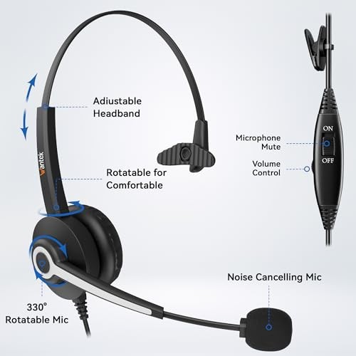 Wantek Corded Office Phone Headset Mono Noise Canceling Mic RJ Connector