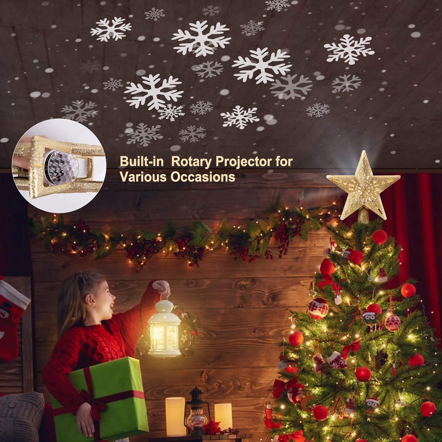 Christmas Star Tree Topper with Built-in Led Snowflake Projector Lights Hollowed