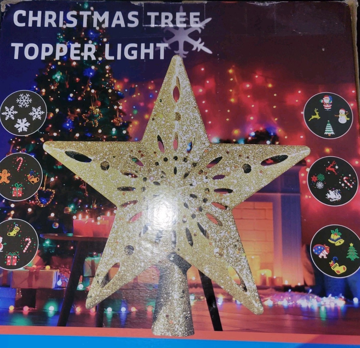 Christmas Star Tree Topper with Built-in Led Snowflake Projector Lights Hollowed