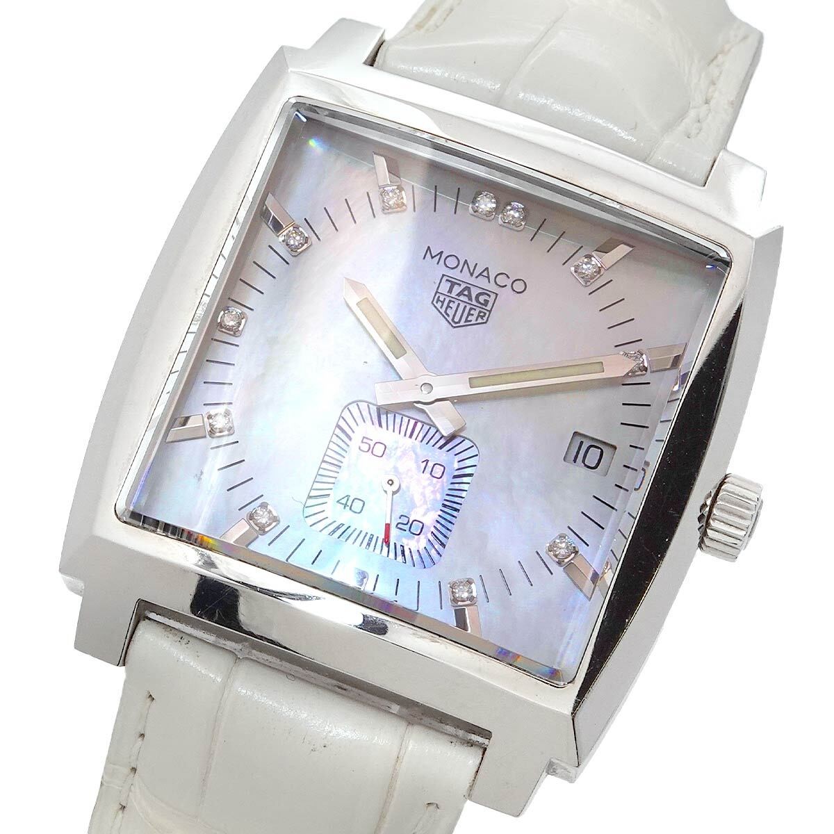 TAG Heuer Monaco WAW131B Boys Watch 12 Diamonds Date White Shell Quartz Square