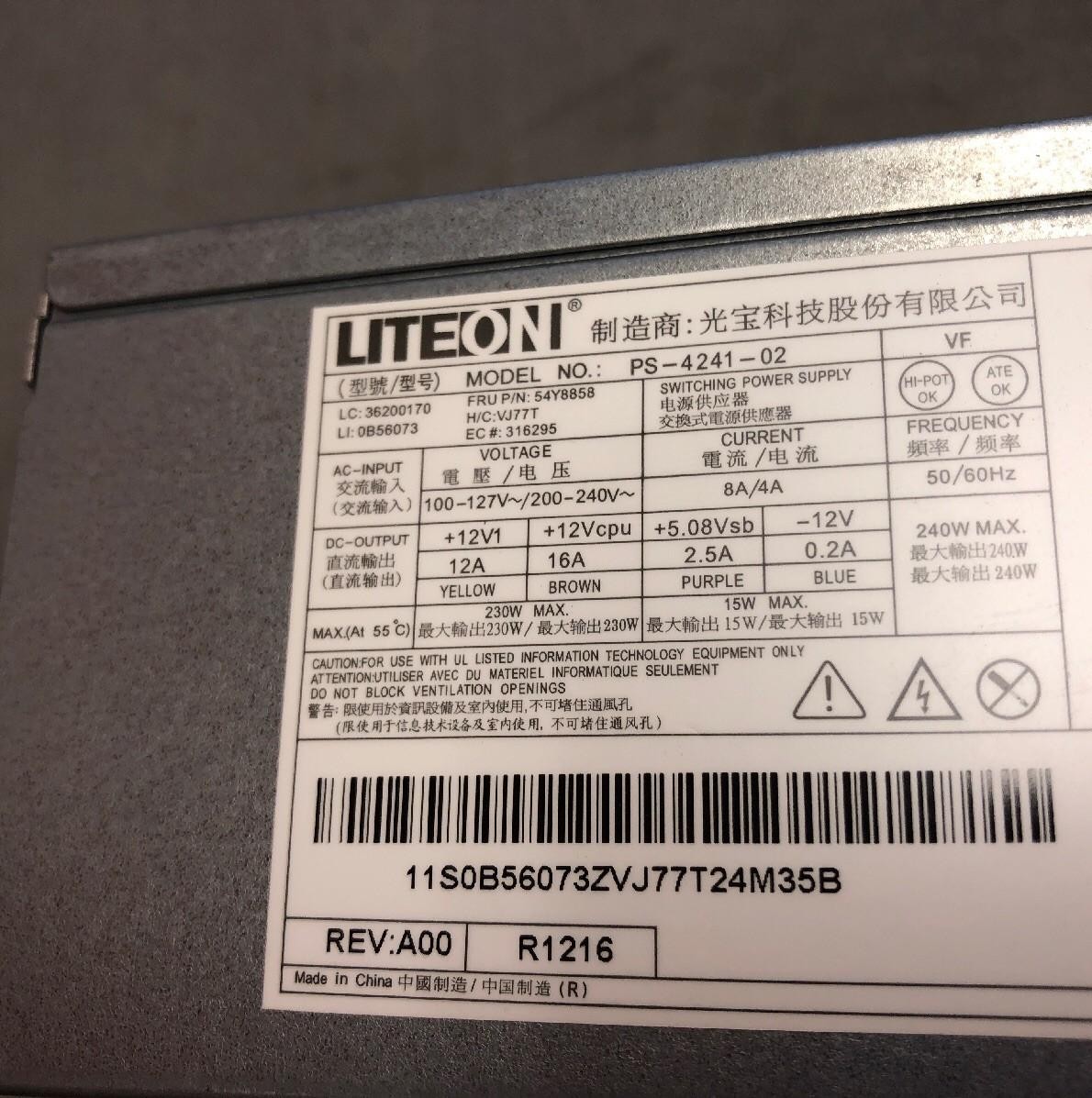 LiteOn Power Supply PS-4241-02 54Y8858 REV A00 230W
