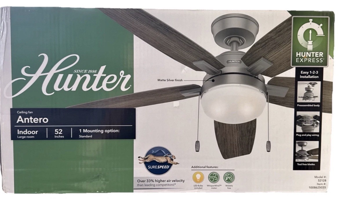 Hunter Antero 52 INCH . Indoor Matte Silver Ceiling Fan with Light Kit NEW